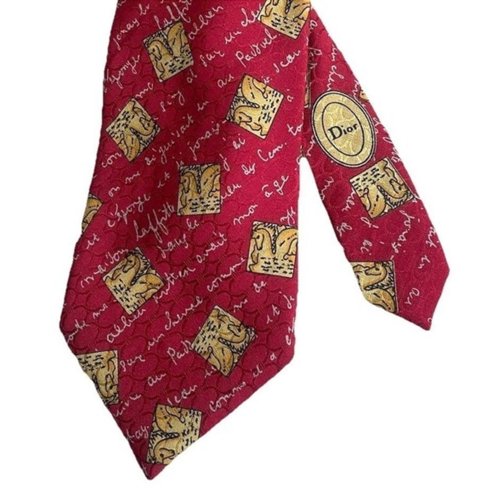 Vtg Christian Dior Medallion Red 100% Silk Tie Men Red Gold Horse Made in France